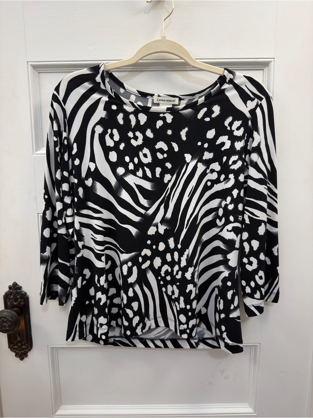 Laura Ashley Animal Print Top 3/4 Sleeve Blouse Zebra Leopard Black White S